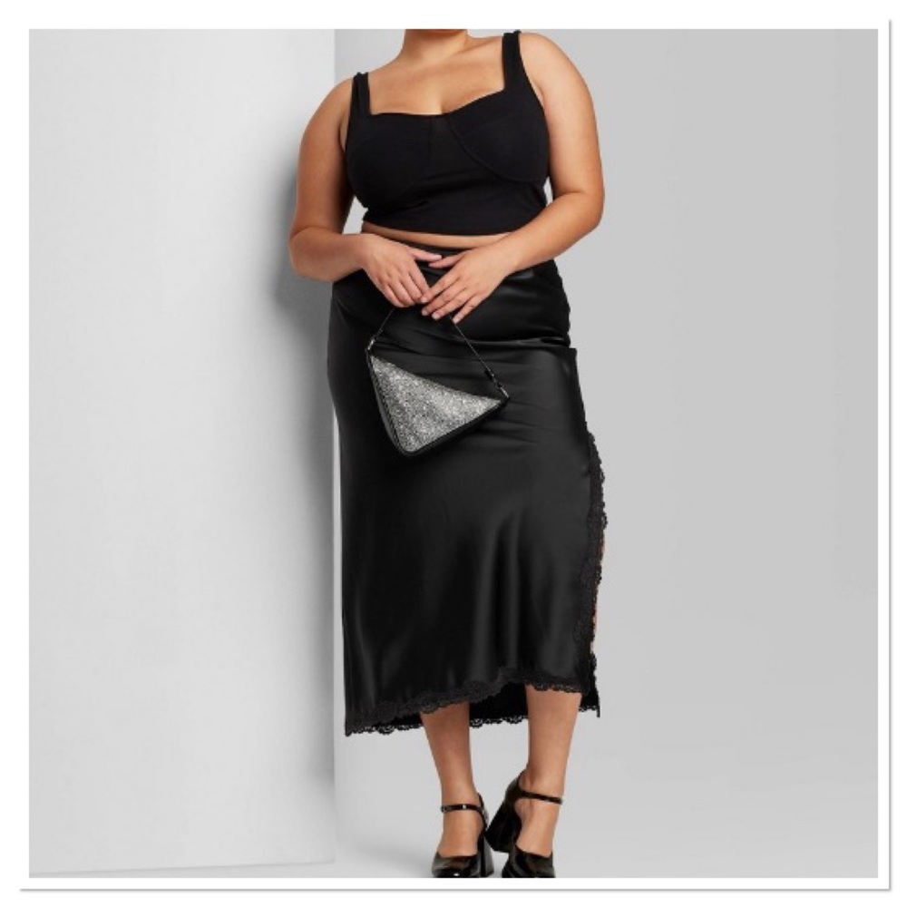 Wild Fable Black Satin Midi Skirt with Lace Trim
